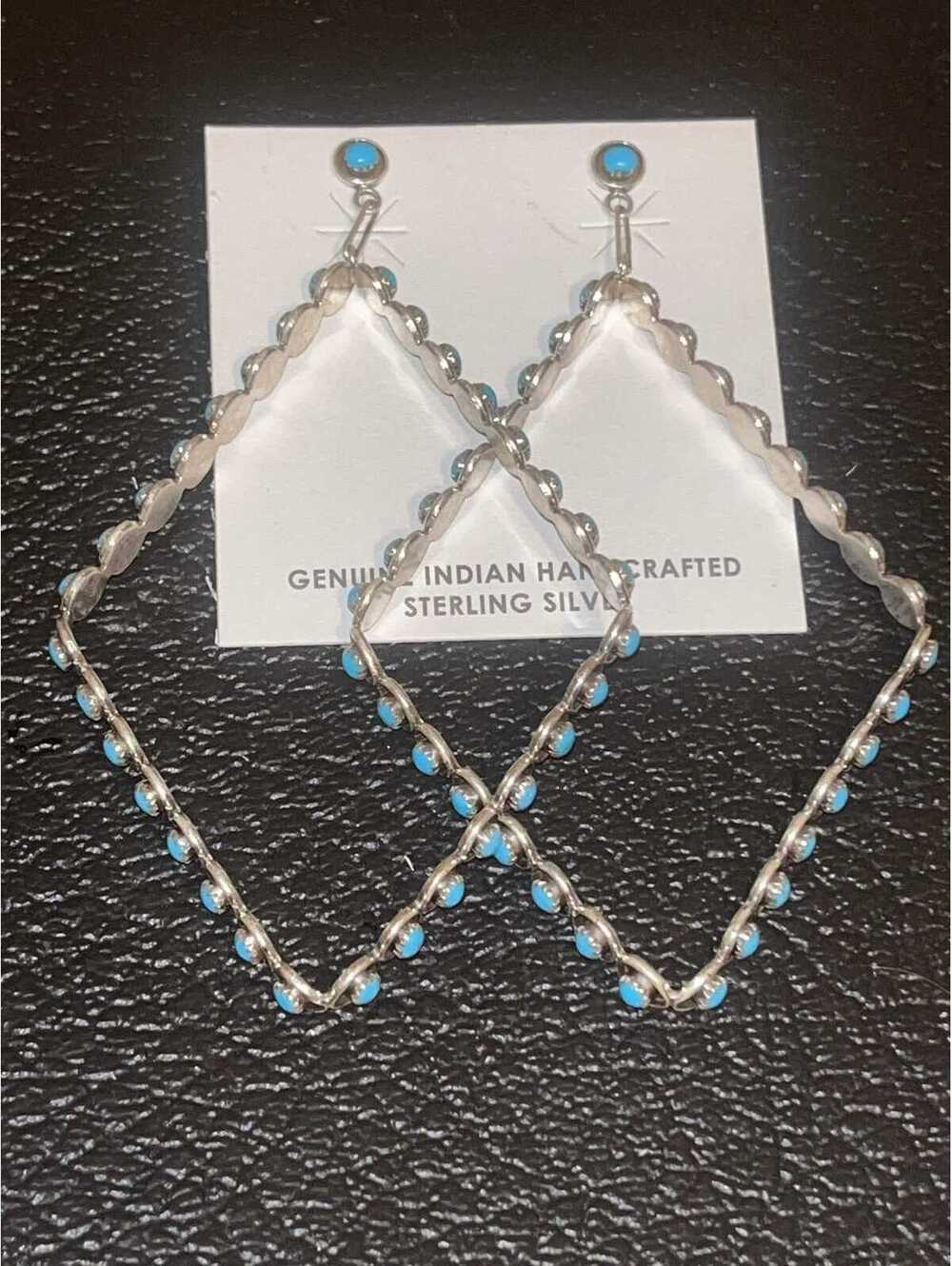 Native American Zuni handmade turquoise long cluster earrings sterling silver